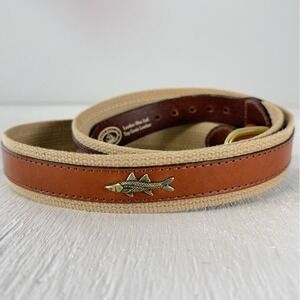 Leather Man Ltd. Leather & Canvas Belt Brown Tabs Brass FISH coastal Size 42